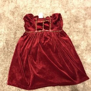 Red velvet 90s holiday dress with roses and gold